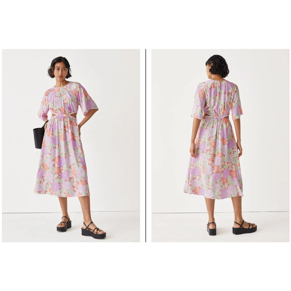 & Other Stories 6‎ Dress Midi Cutout Waist Flutter Sleeve Floral Print Purple